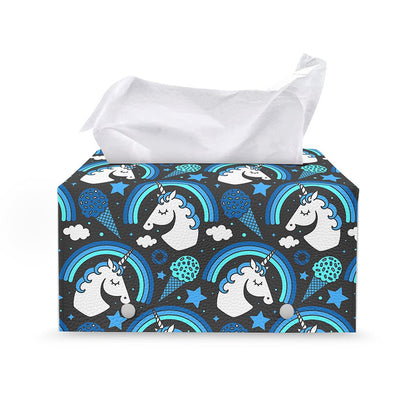 Blue Rainbow Unicorn Pattern Print Leather Tissue Box Cover