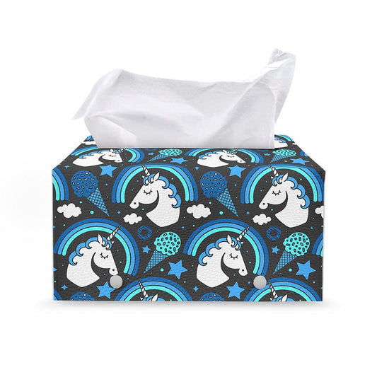 Blue Rainbow Unicorn Pattern Print Leather Tissue Box Cover