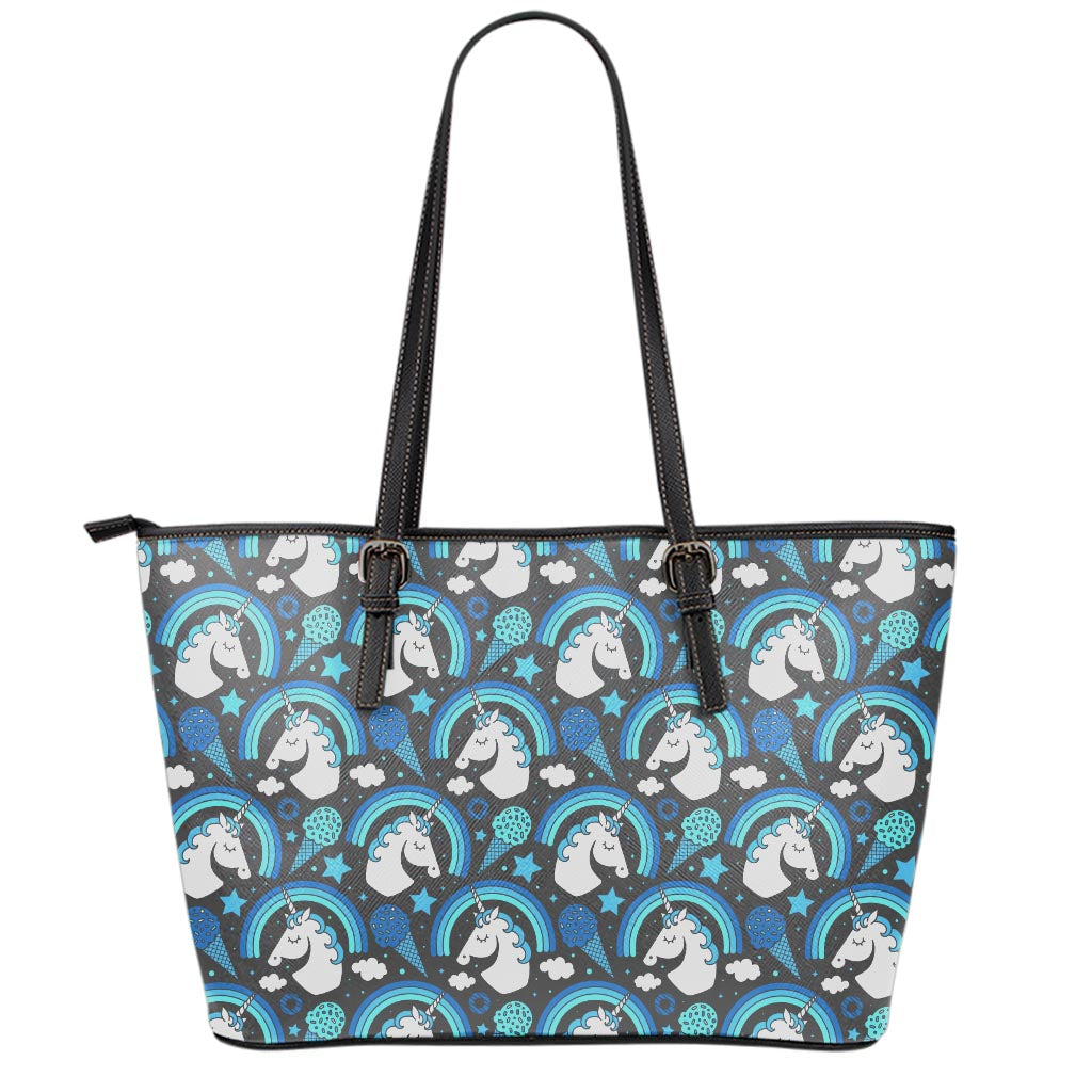 Blue Rainbow Unicorn Pattern Print Leather Tote Bag