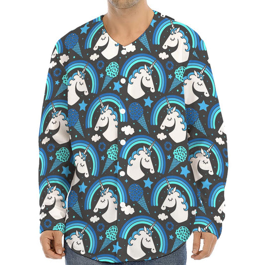 Blue Rainbow Unicorn Pattern Print Long Sleeve Baseball Jersey