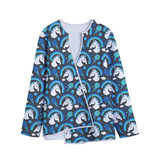Blue Rainbow Unicorn Pattern Print Long Sleeve Short Coat