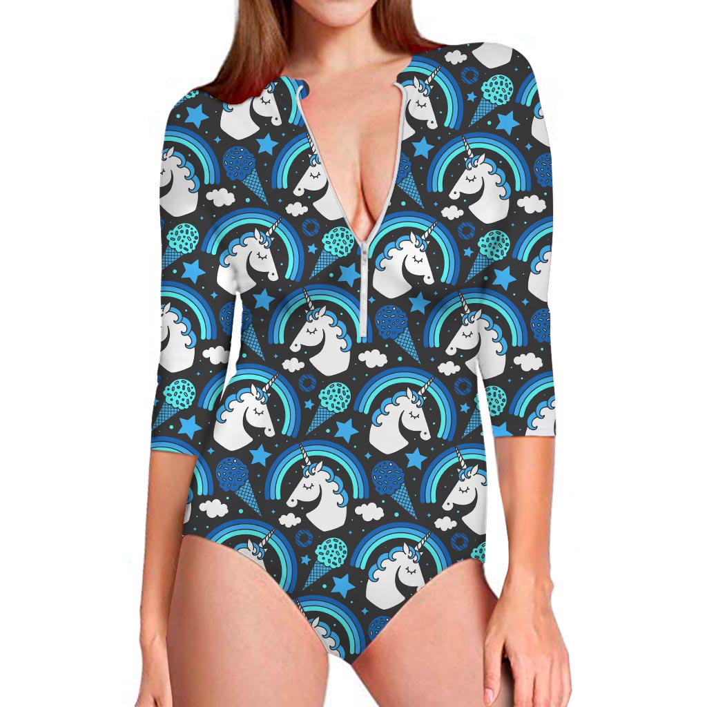 Blue Rainbow Unicorn Pattern Print Long Sleeve Swimsuit