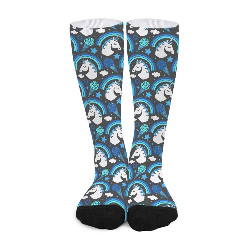 Blue Rainbow Unicorn Pattern Print Long Socks