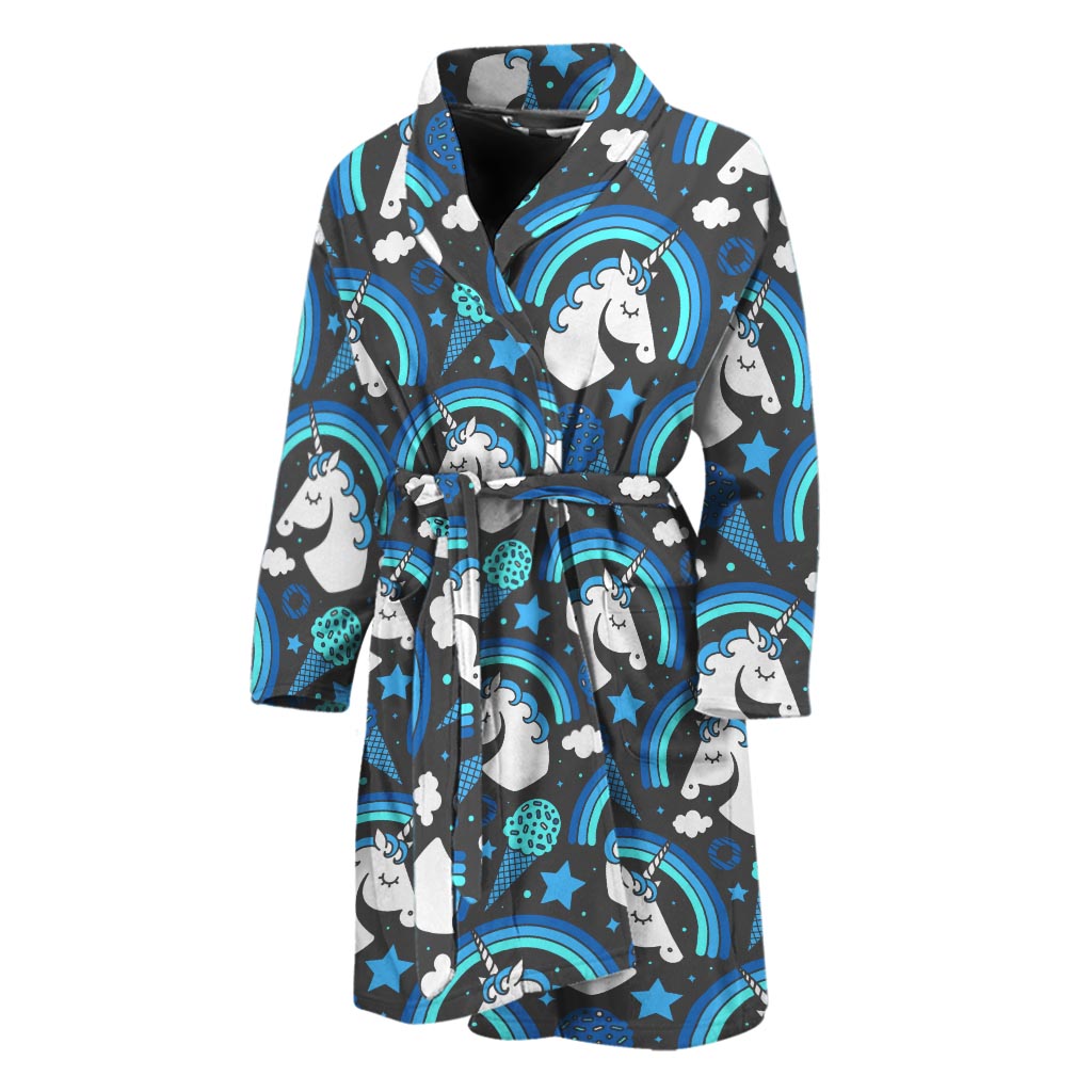 Blue Rainbow Unicorn Pattern Print Men's Bathrobe