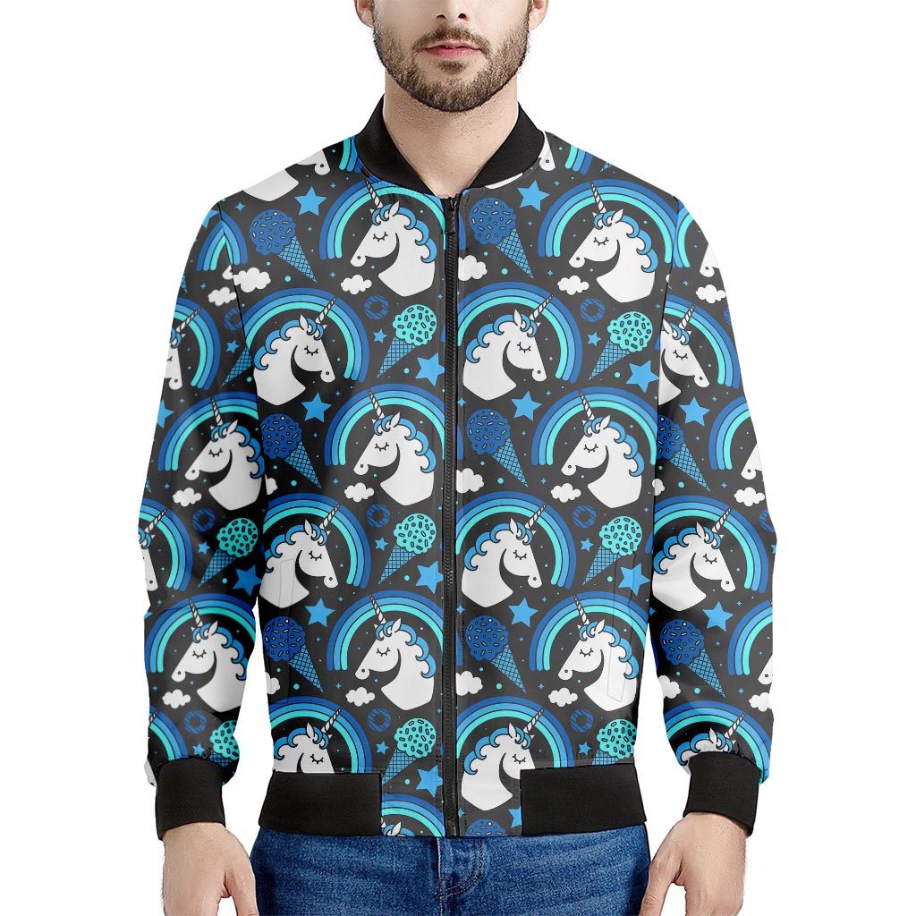 Blue Rainbow Unicorn Pattern Print Men's Bomber Jacket