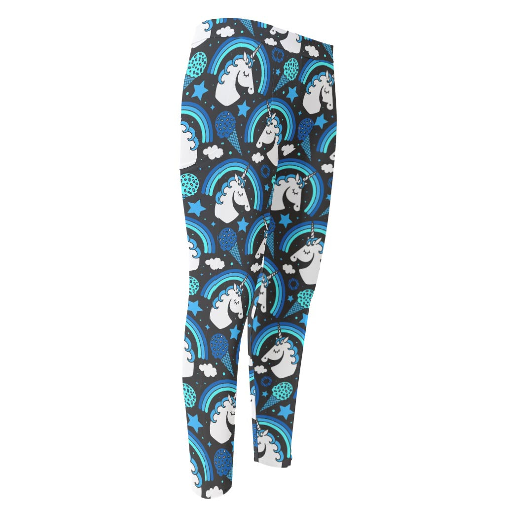 Blue Rainbow Unicorn Pattern Print Men's Compression Pants