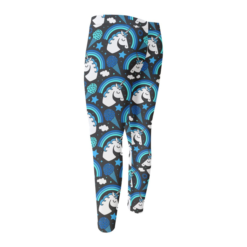 Blue Rainbow Unicorn Pattern Print Men's Compression Pants