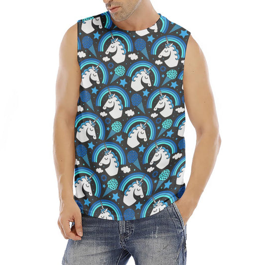 Blue Rainbow Unicorn Pattern Print Men's Fitness Tank Top