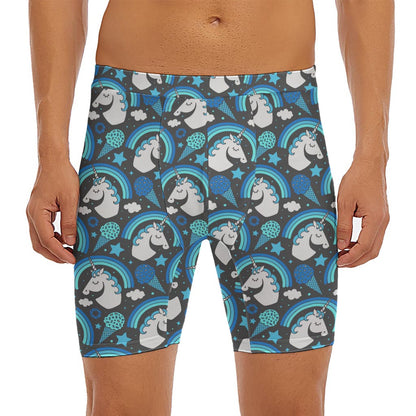 Blue Rainbow Unicorn Pattern Print Men's Long Boxer Briefs