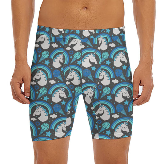 Blue Rainbow Unicorn Pattern Print Men's Long Boxer Briefs