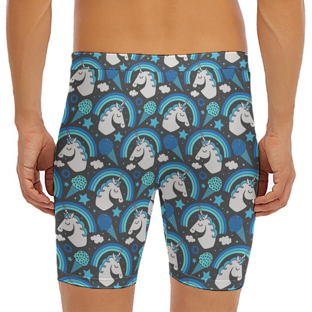Blue Rainbow Unicorn Pattern Print Men's Long Boxer Briefs