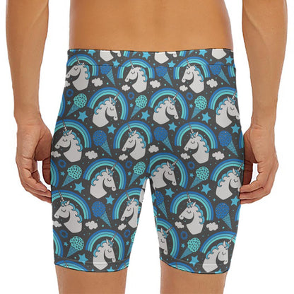 Blue Rainbow Unicorn Pattern Print Men's Long Boxer Briefs