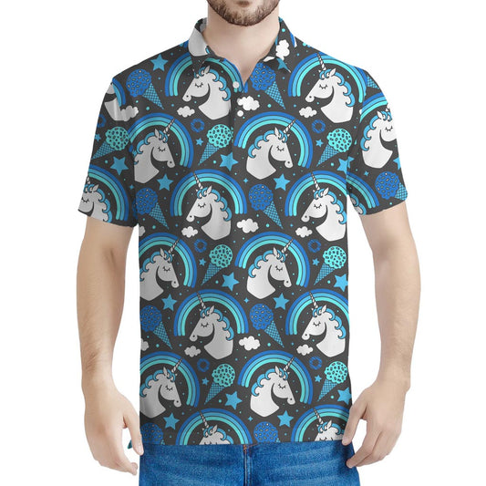 Blue Rainbow Unicorn Pattern Print Men's Polo Shirt