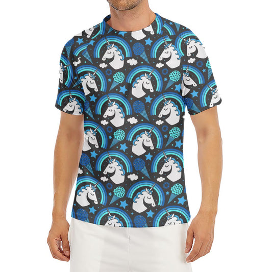Blue Rainbow Unicorn Pattern Print Men's Short Sleeve Rash Guard