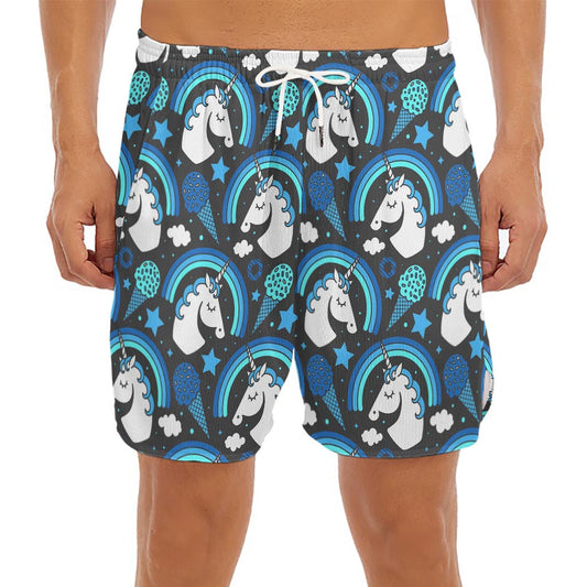 Blue Rainbow Unicorn Pattern Print Men's Split Running Shorts