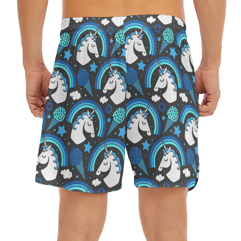Blue Rainbow Unicorn Pattern Print Men's Split Running Shorts