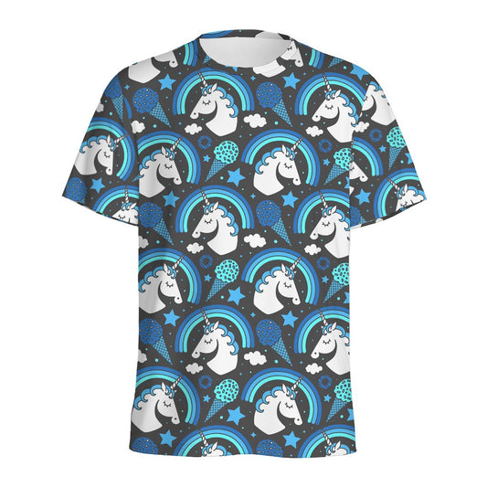 Blue Rainbow Unicorn Pattern Print Men's Sports T-Shirt