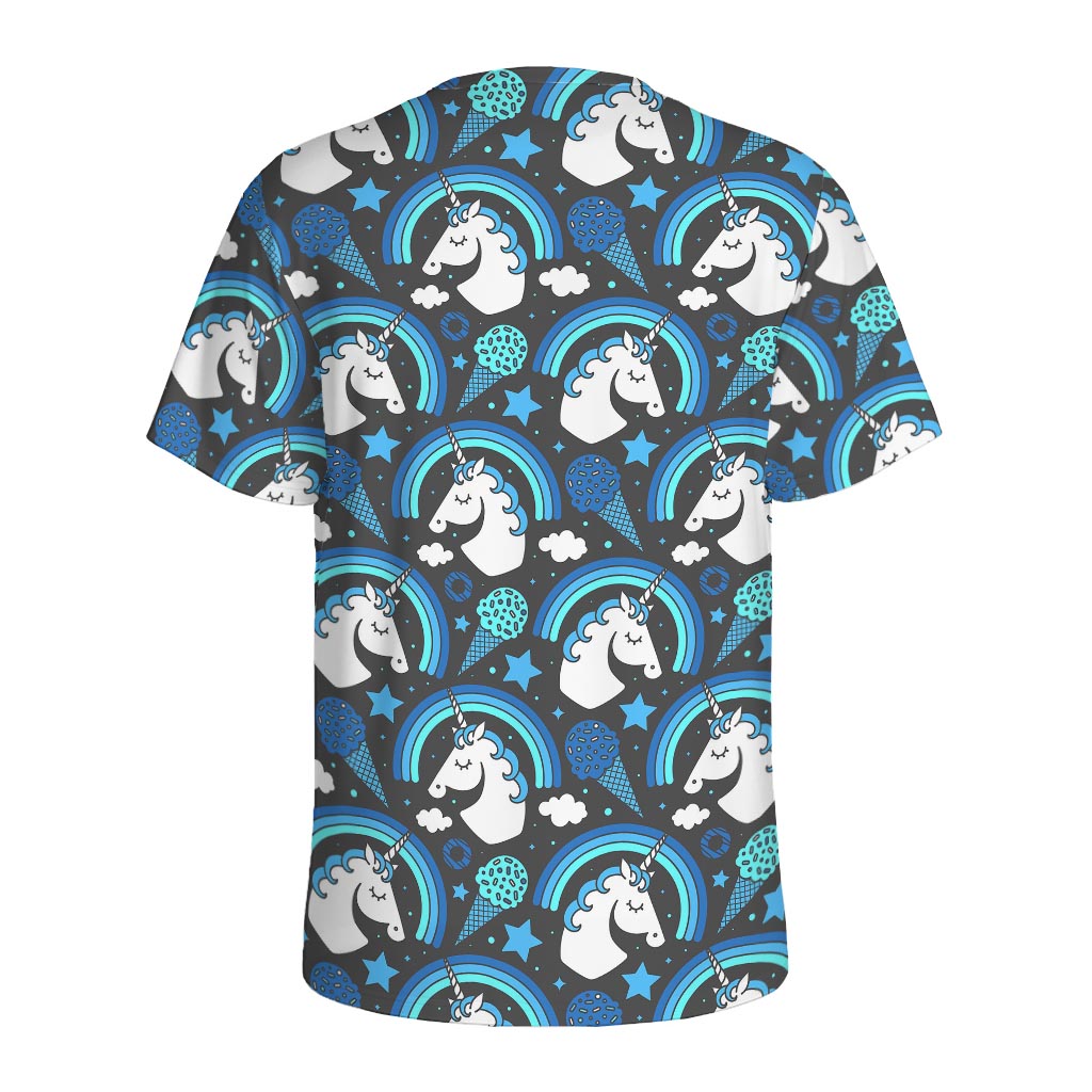Blue Rainbow Unicorn Pattern Print Men's Sports T-Shirt