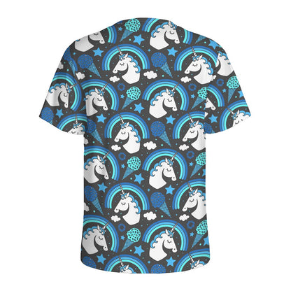 Blue Rainbow Unicorn Pattern Print Men's Sports T-Shirt