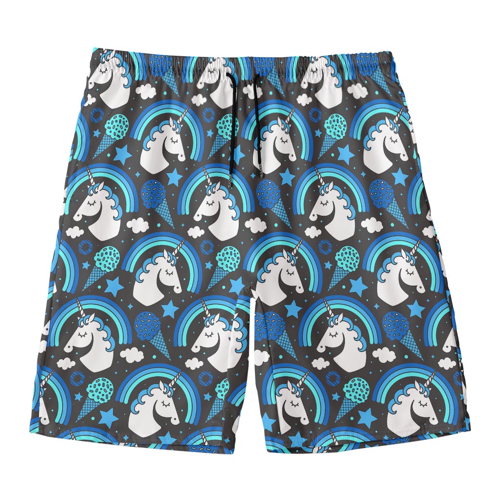 Blue Rainbow Unicorn Pattern Print Men's Swim Trunks