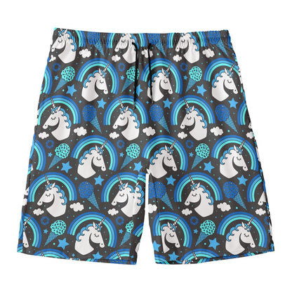 Blue Rainbow Unicorn Pattern Print Men's Swim Trunks