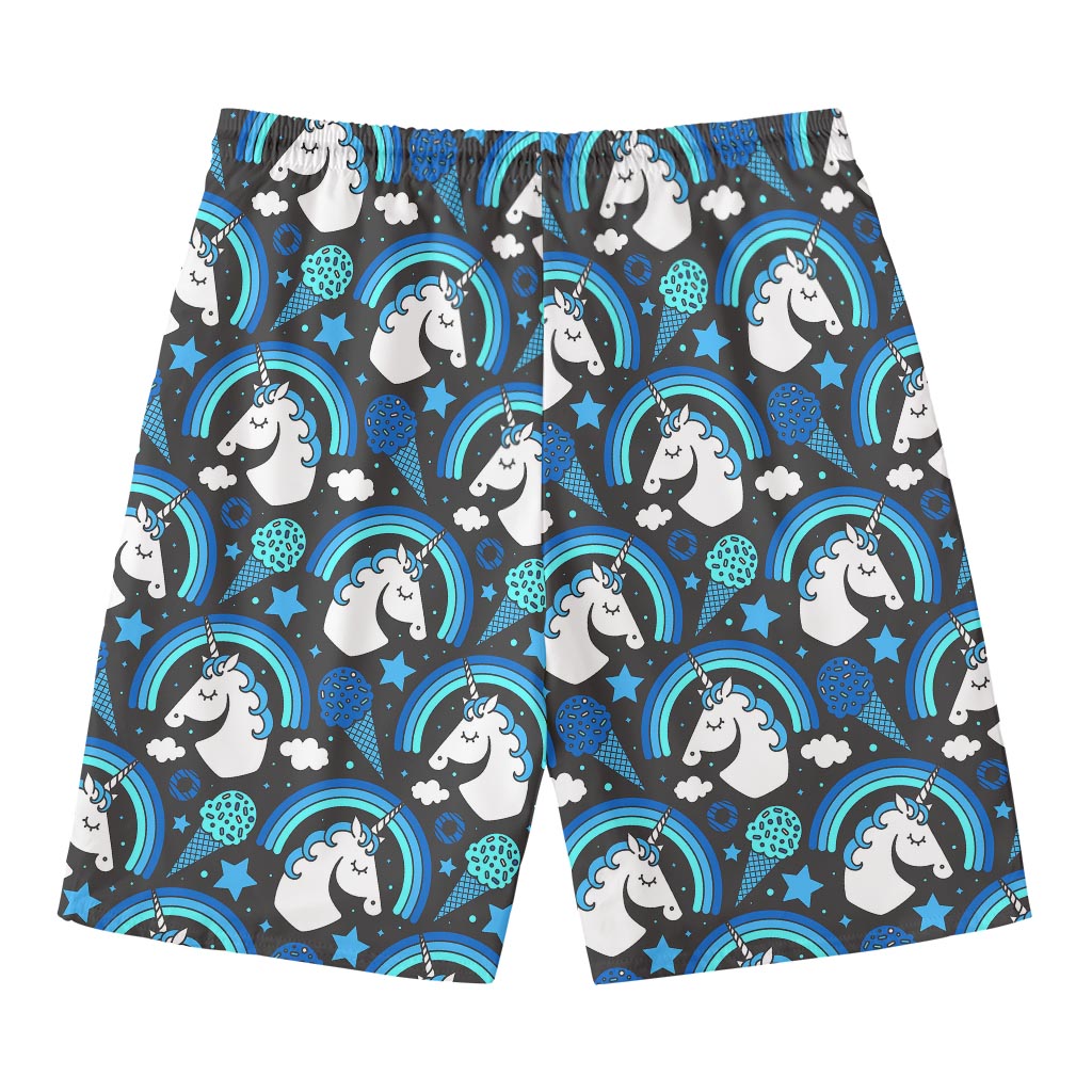 Blue Rainbow Unicorn Pattern Print Men's Swim Trunks