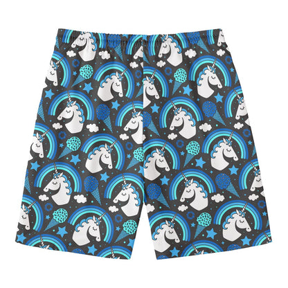 Blue Rainbow Unicorn Pattern Print Men's Swim Trunks