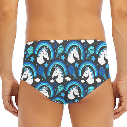 Blue Rainbow Unicorn Pattern Print Men's Triangle Swim Briefs