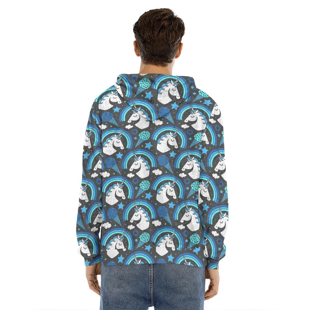 Blue Rainbow Unicorn Pattern Print Men's Velvet Pullover Hoodie