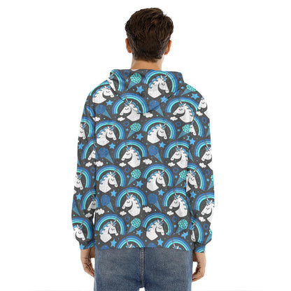 Blue Rainbow Unicorn Pattern Print Men's Velvet Pullover Hoodie