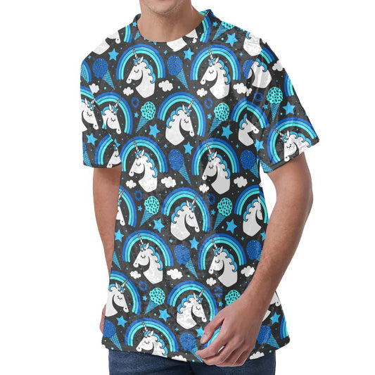Blue Rainbow Unicorn Pattern Print Men's Velvet T-Shirt