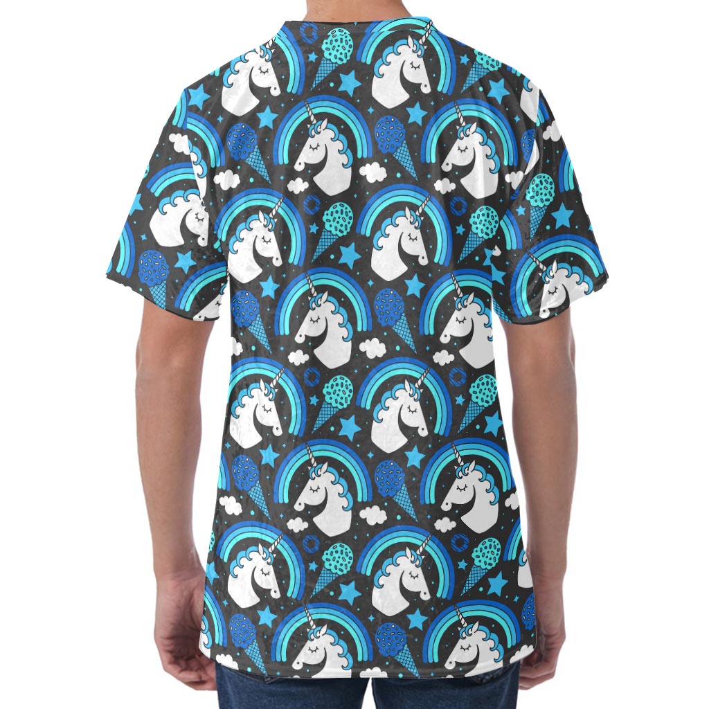 Blue Rainbow Unicorn Pattern Print Men's Velvet T-Shirt