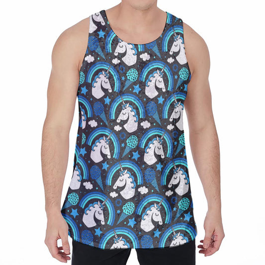 Blue Rainbow Unicorn Pattern Print Men's Velvet Tank Top