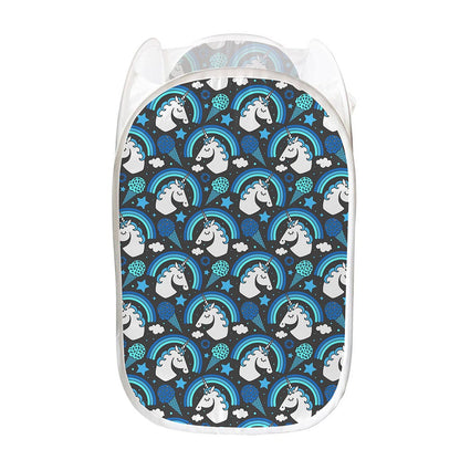 Blue Rainbow Unicorn Pattern Print Mesh Laundry Hamper