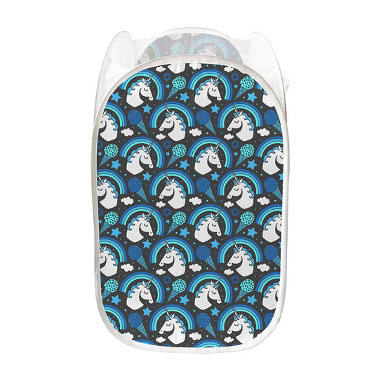Blue Rainbow Unicorn Pattern Print Mesh Laundry Hamper