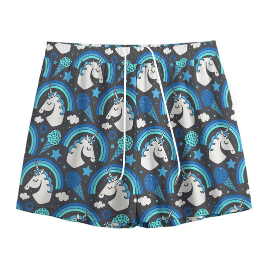 Blue Rainbow Unicorn Pattern Print Mesh Shorts