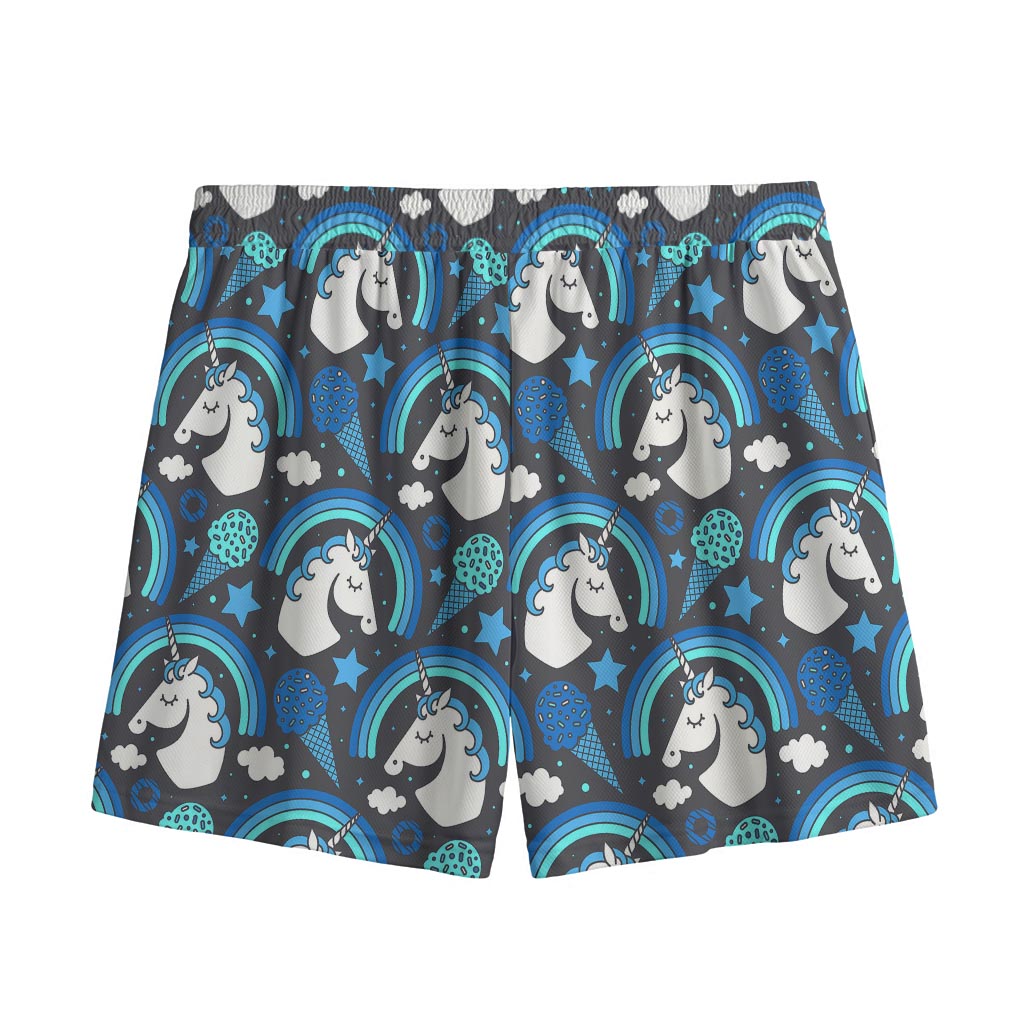 Blue Rainbow Unicorn Pattern Print Mesh Shorts