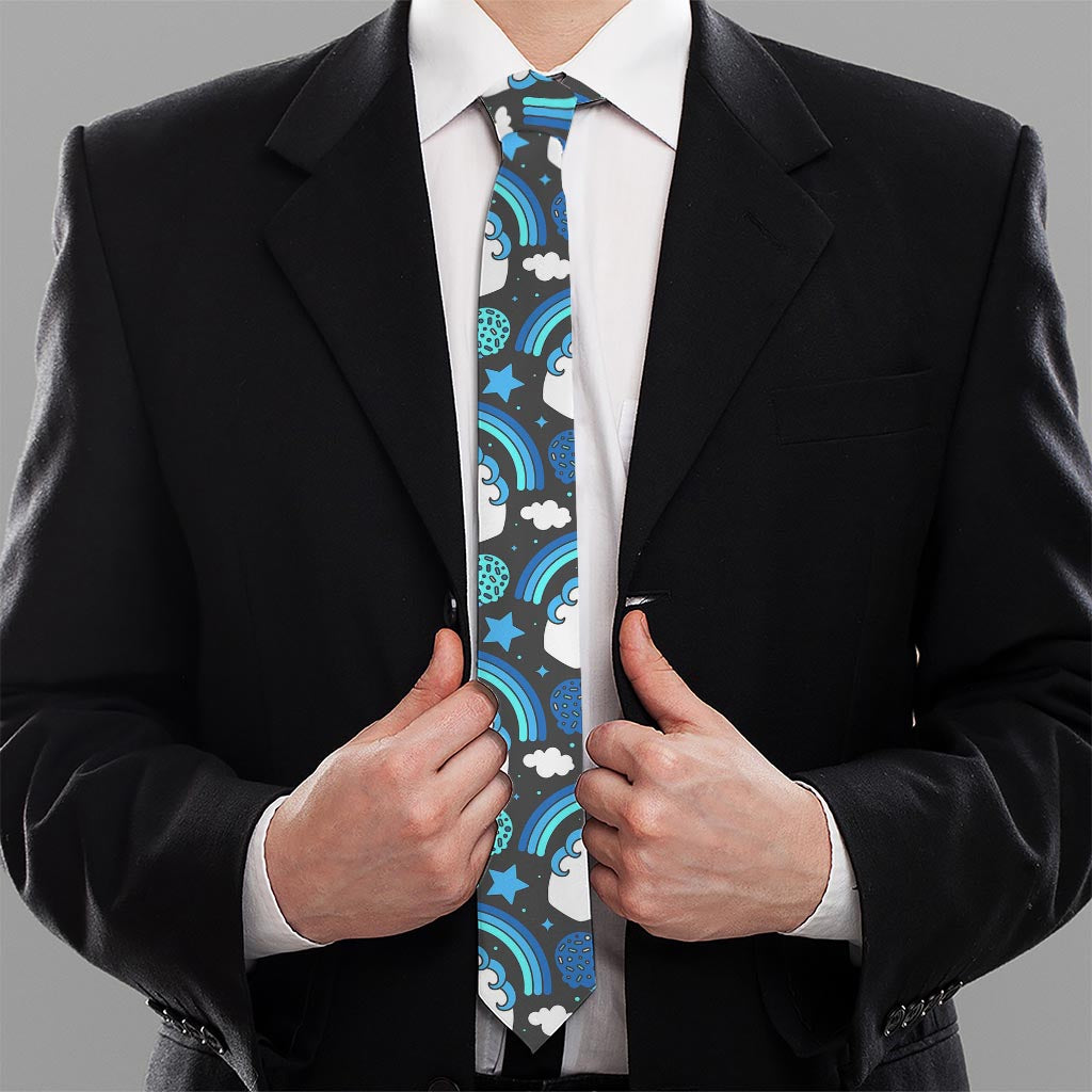 Blue Rainbow Unicorn Pattern Print Necktie