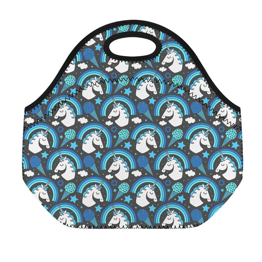Blue Rainbow Unicorn Pattern Print Neoprene Lunch Bag