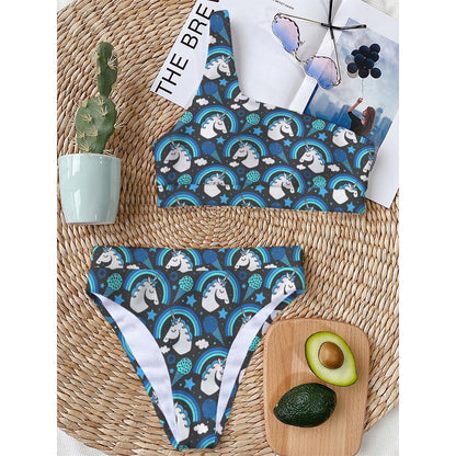 Blue Rainbow Unicorn Pattern Print One Shoulder Bikini Top