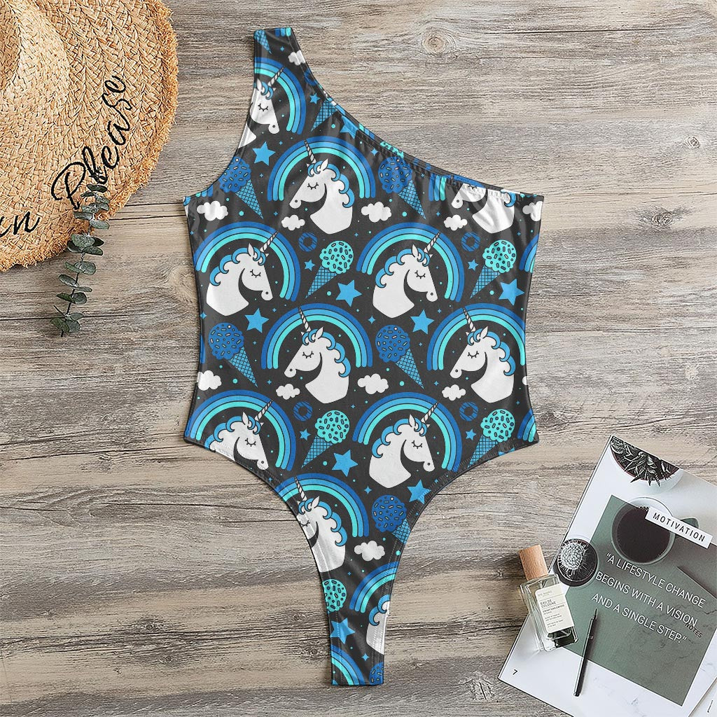 Blue Rainbow Unicorn Pattern Print One Shoulder Bodysuit