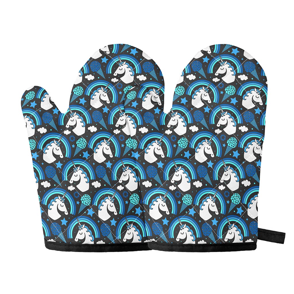 Blue Rainbow Unicorn Pattern Print Oven Mitts