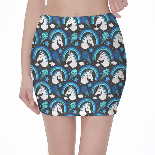 Blue Rainbow Unicorn Pattern Print Pencil Mini Skirt