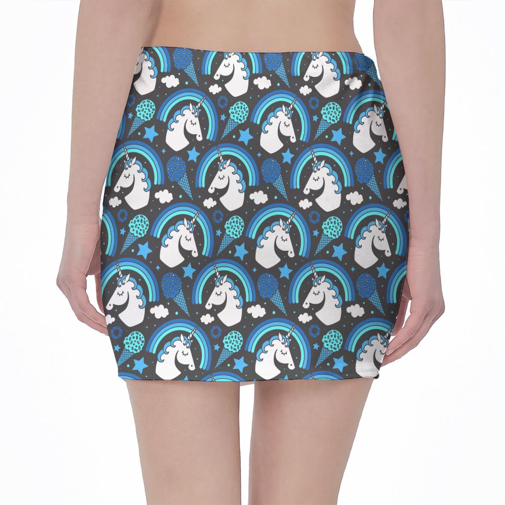 Blue Rainbow Unicorn Pattern Print Pencil Mini Skirt