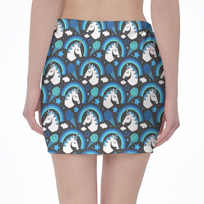 Blue Rainbow Unicorn Pattern Print Pencil Mini Skirt