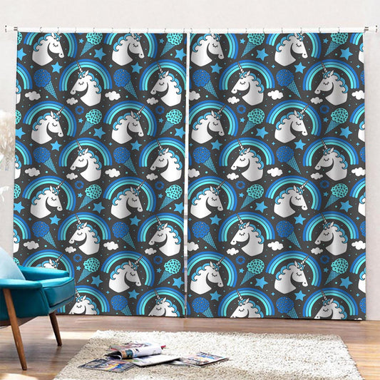 Blue Rainbow Unicorn Pattern Print Pencil Pleat Curtains