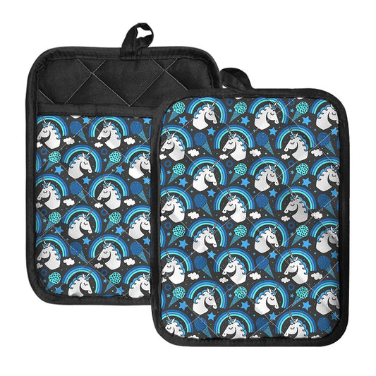 Blue Rainbow Unicorn Pattern Print Pot Holders With Pocket