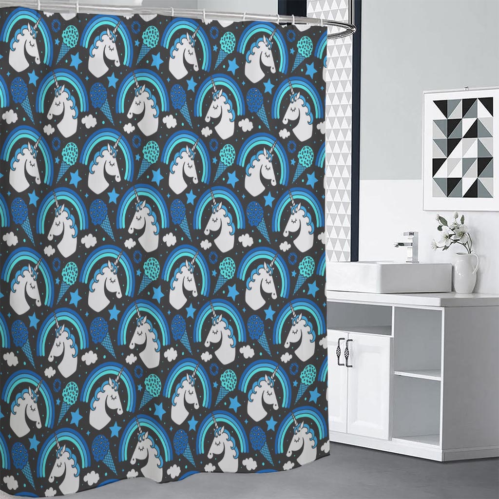 Blue Rainbow Unicorn Pattern Print Premium Shower Curtain