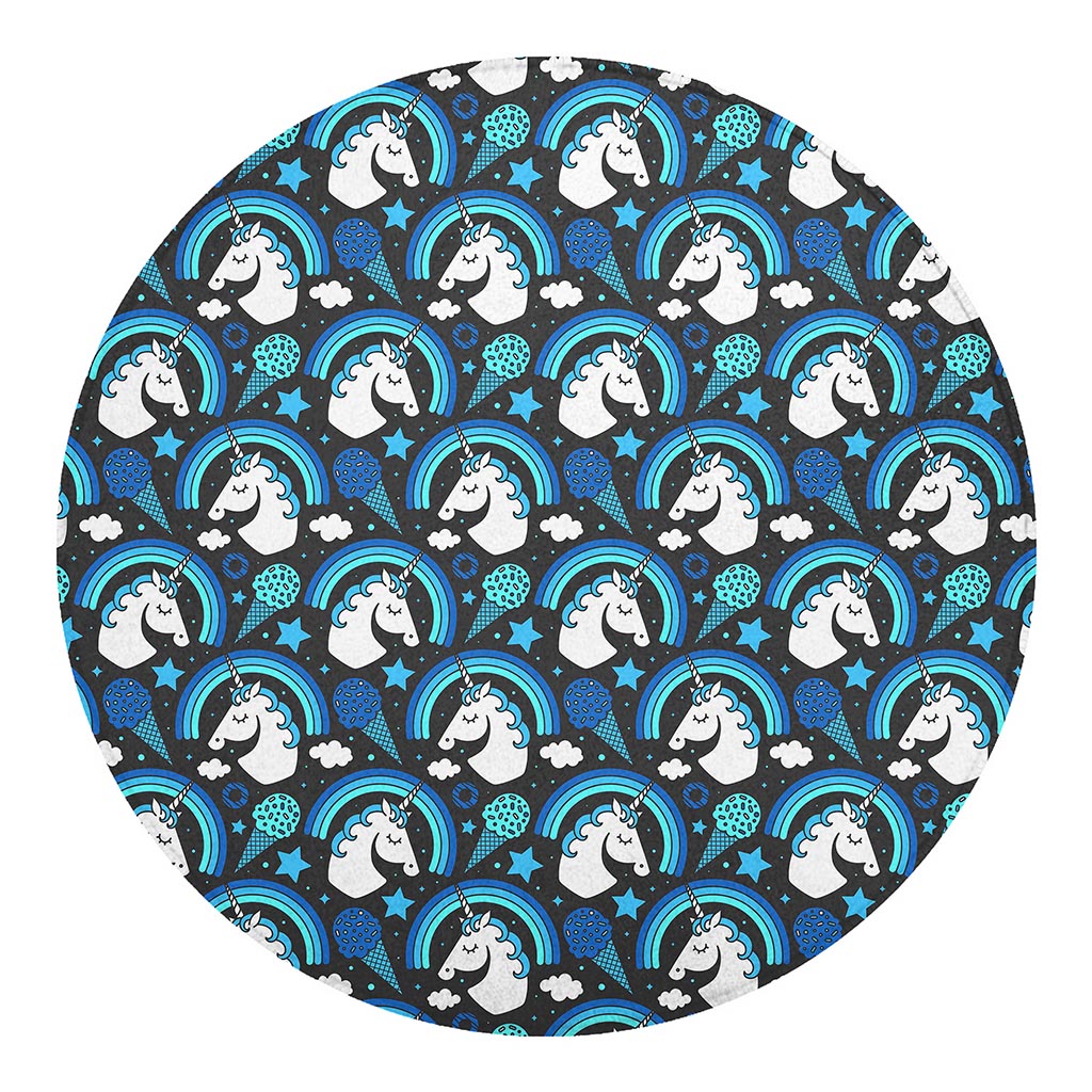Blue Rainbow Unicorn Pattern Print Round Blanket