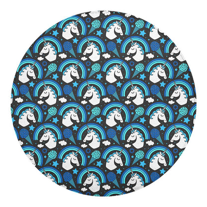 Blue Rainbow Unicorn Pattern Print Round Blanket